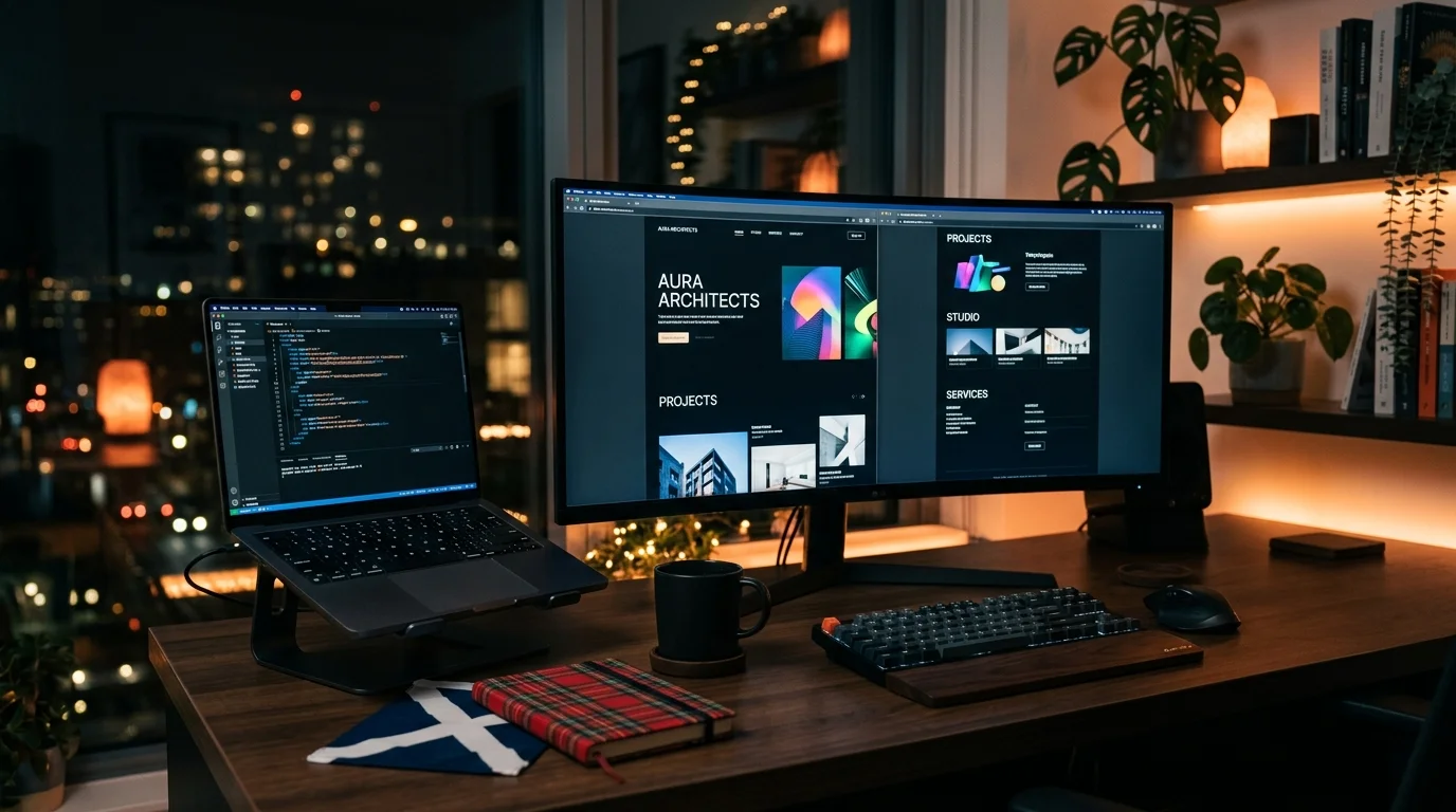 Web design workspace with code editor and website designs in Aberdeen