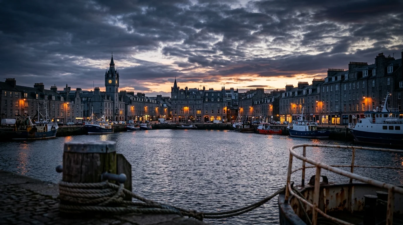 Aberdeen harbour at twilight with granite buildings and dramatic sky